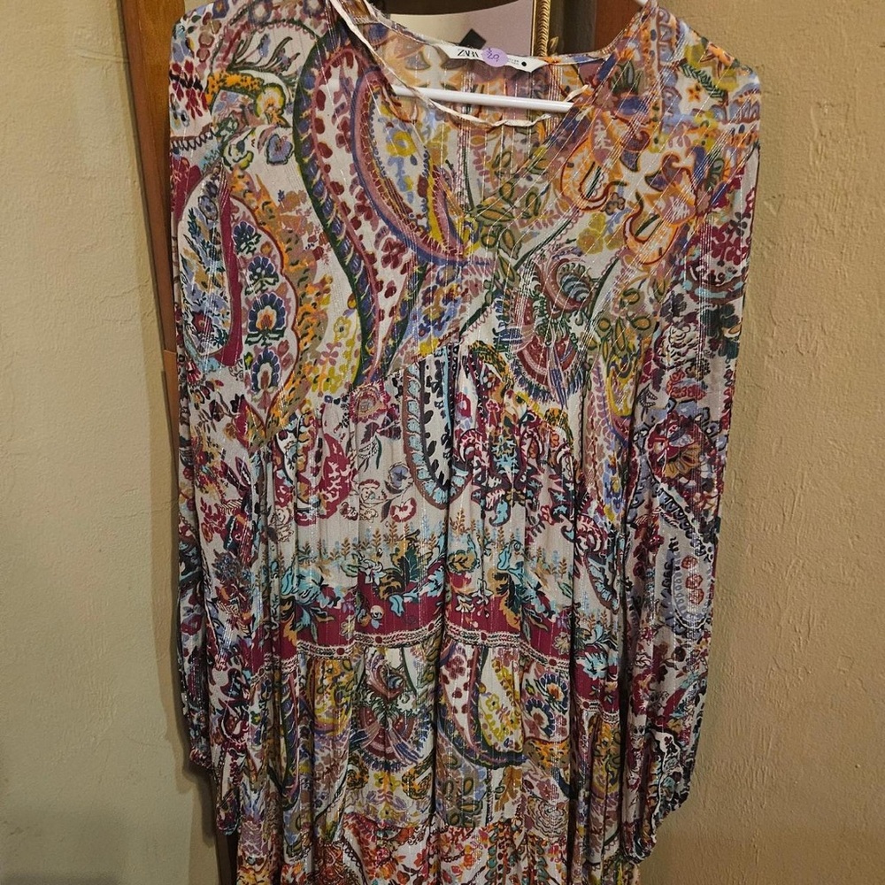 Zara Multicolor Paisley Long Sleeve Dress in White, Red, Yellow & Blue